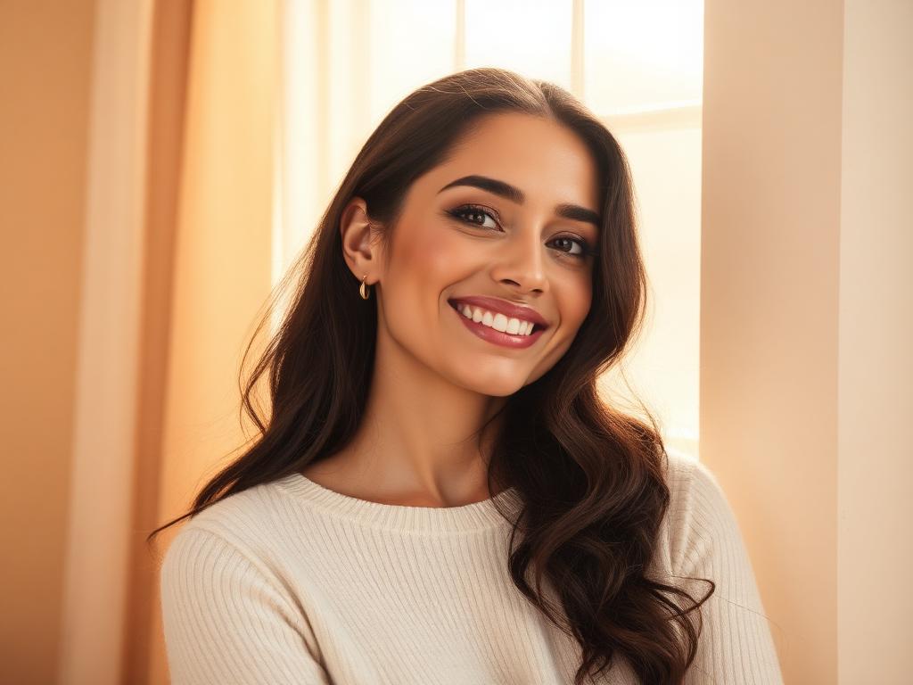 Confident person smiling softly in warm natural light