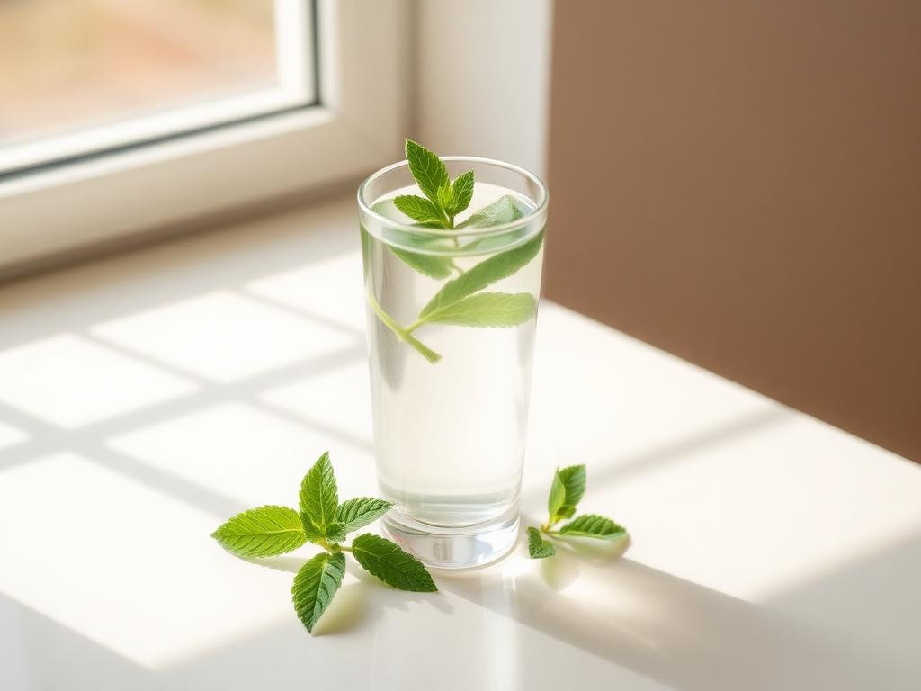 Glass of water with fresh mint in soft natural light