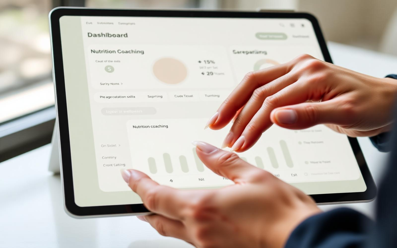 A clean nutrition coaching dashboard on a tablet — soft natural light