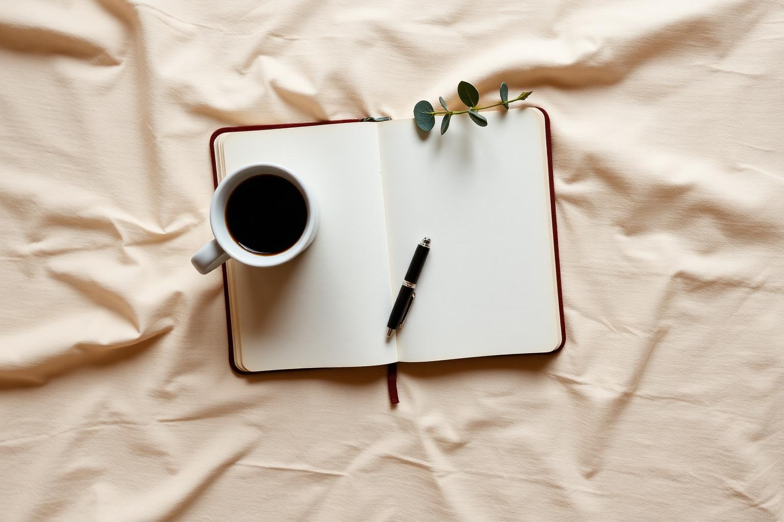 Open notebook, coffee, and eucalyptus on a warm linen surface