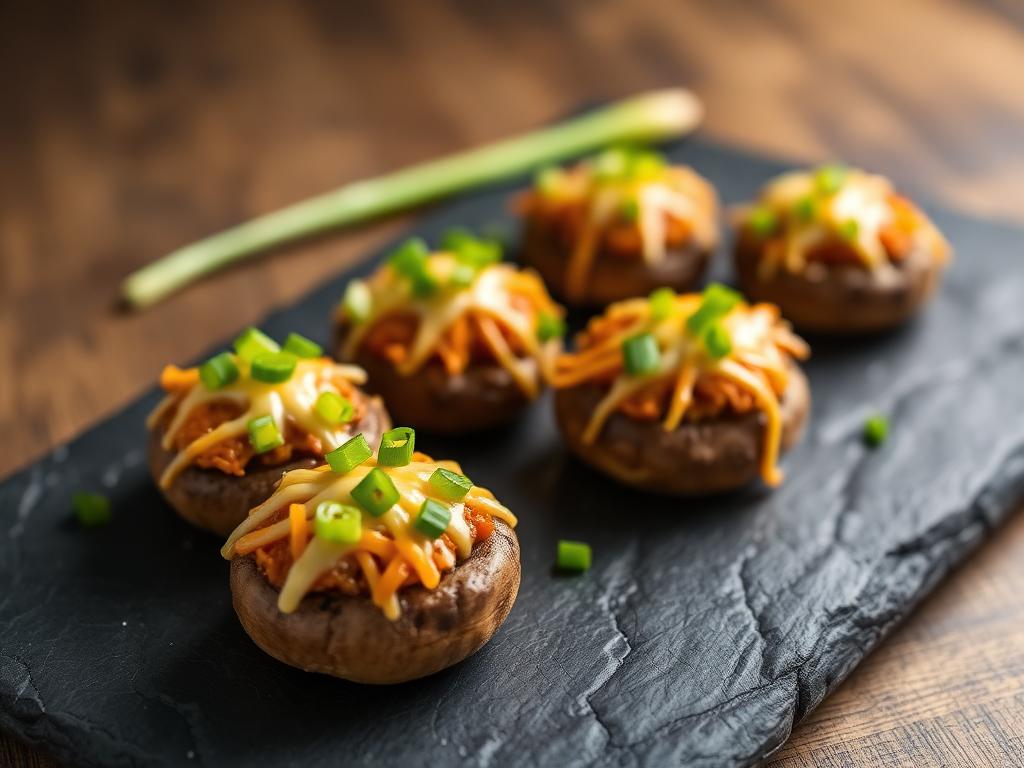 Buffalo chicken stuffed mushrooms topped with melted cheese and green onions