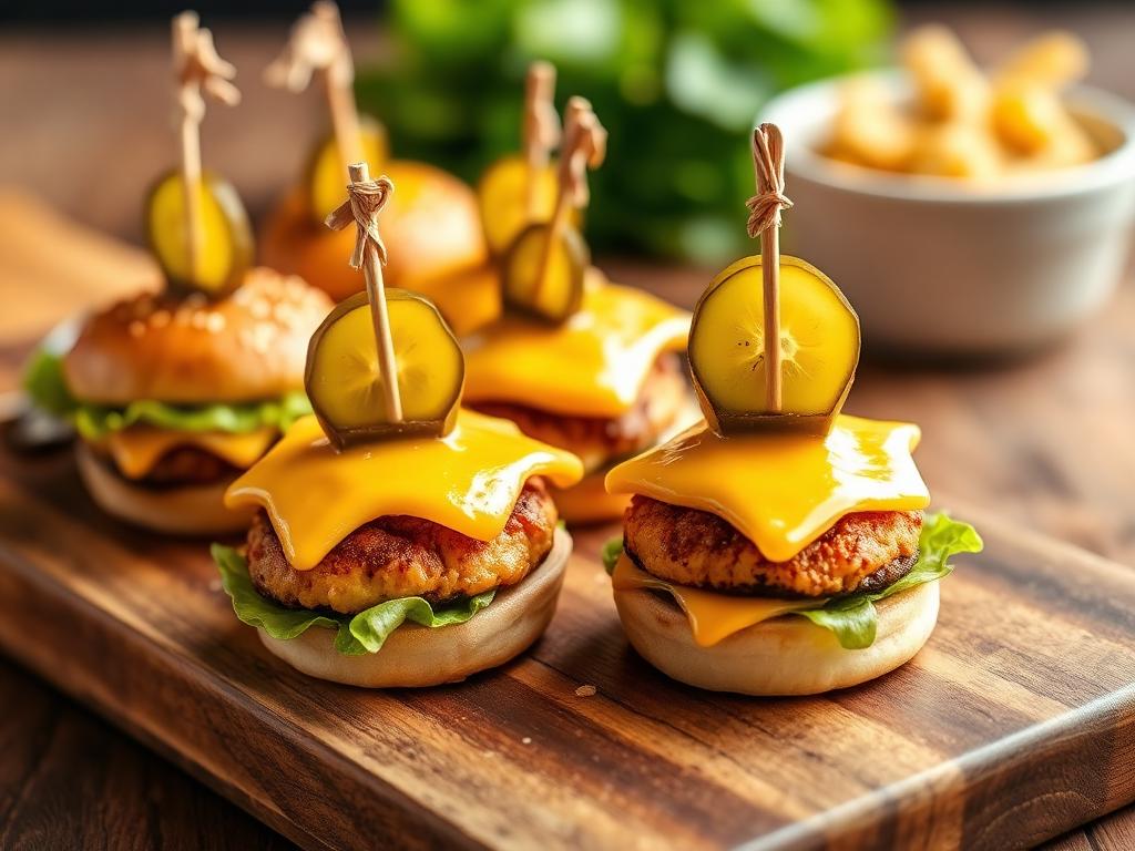 Cheeseburger bites topped with cheddar, lettuce, pickle, and a toothpick