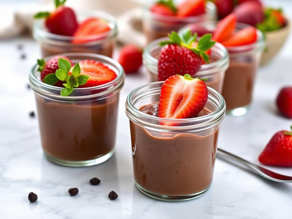 Chocolate cottage cheese mousse served in small glass jars with strawberries on top