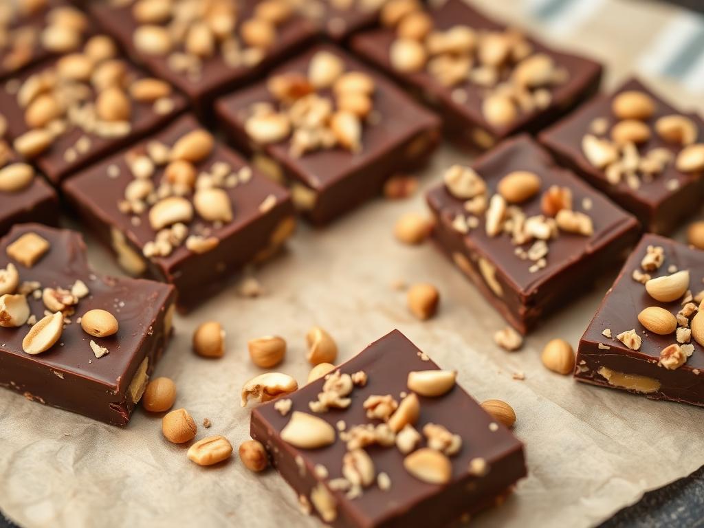 Chocolate peanut butter protein bark cut into squares and topped with peanuts