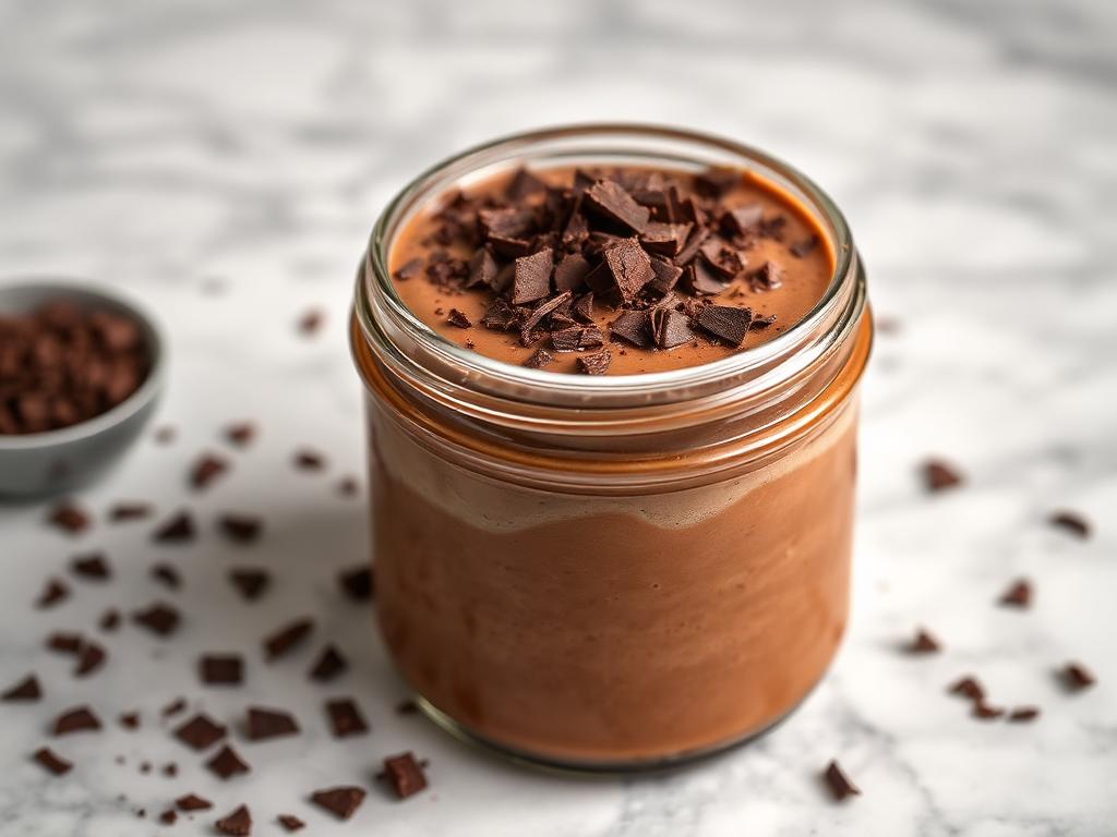 Chocolate protein pudding in a glass jar topped with dark chocolate shavings