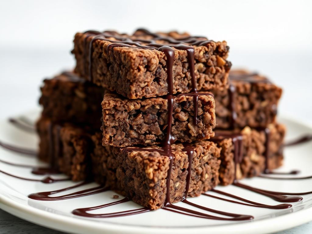 Chocolate protein rice krispy treats stacked on a plate with chocolate drizzle