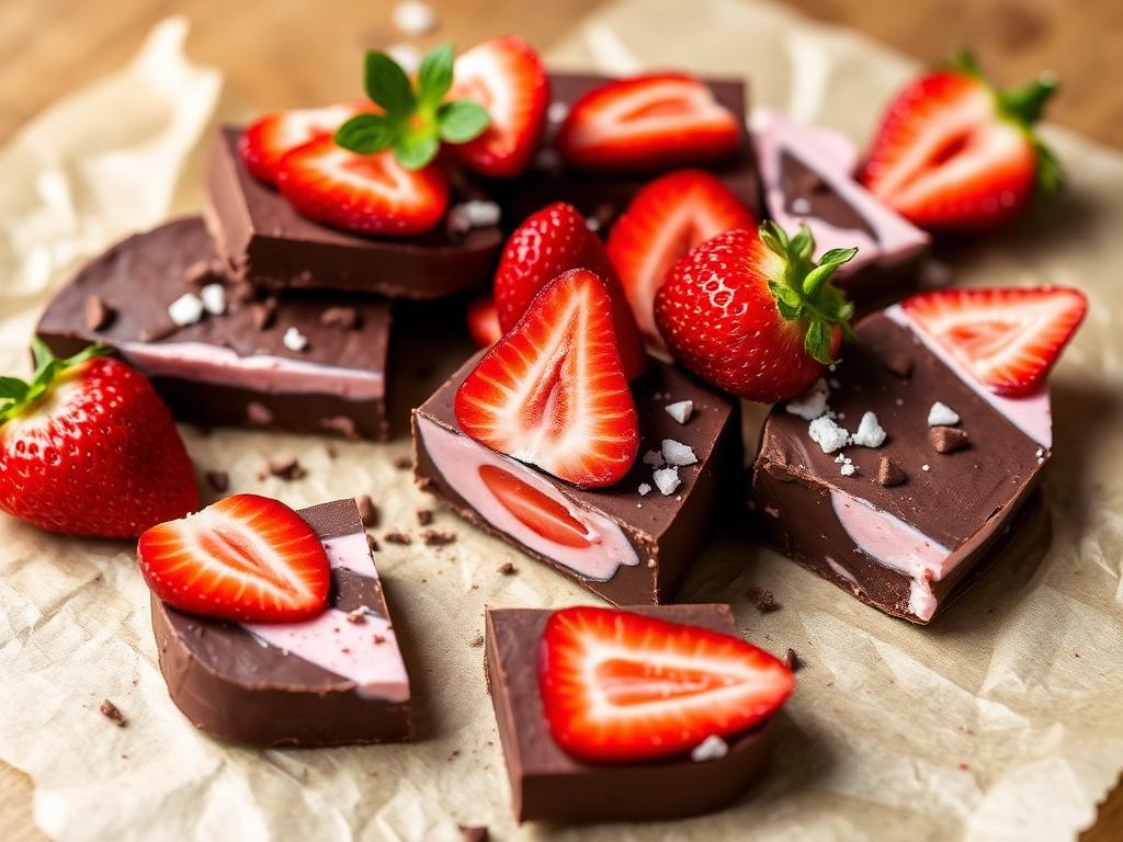 Chocolate strawberry frozen yogurt bark broken into pieces and topped with strawberries
