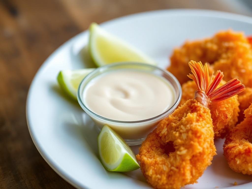Coconut shrimp served with dipping sauce and lime wedges