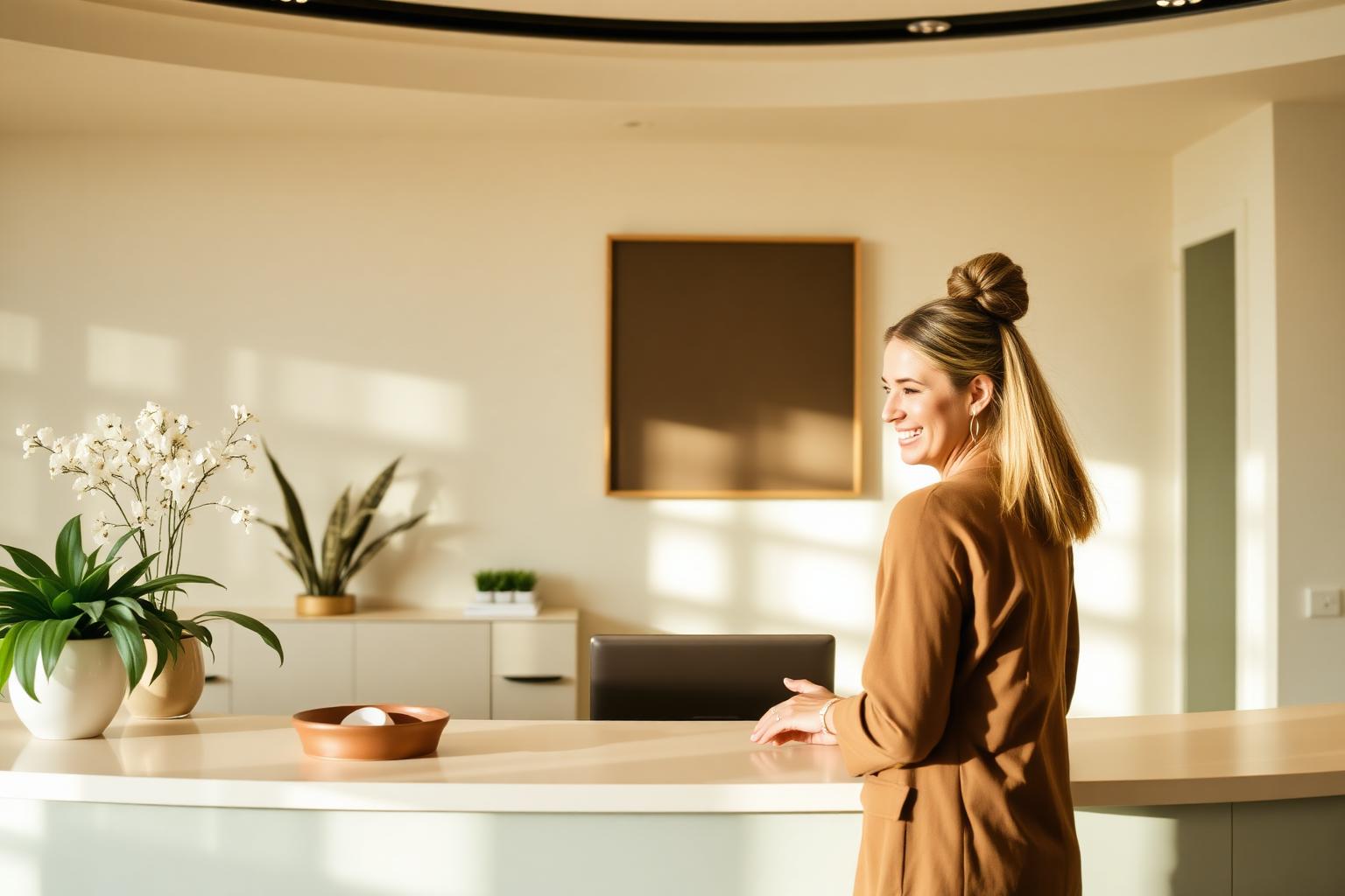 Friendly Ascent receptionist welcoming a guest at the front desk