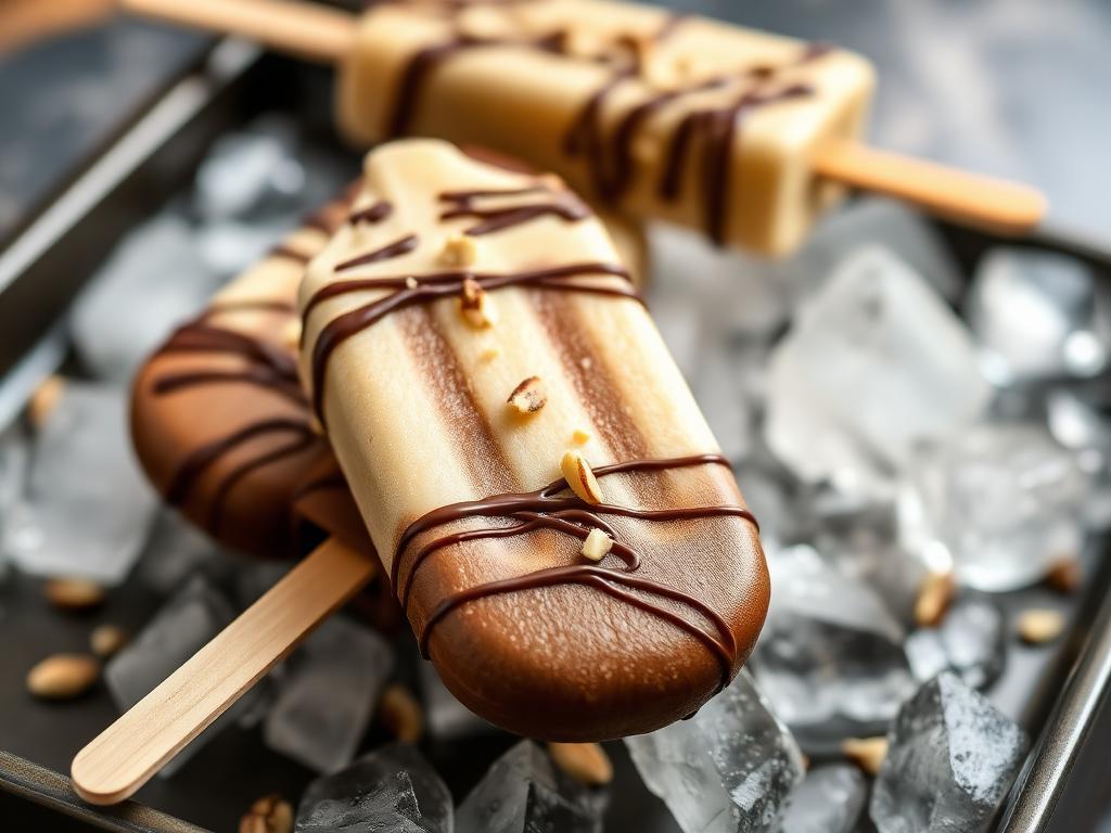 Frozen chocolate banana protein pops on sticks with a chocolate drizzle