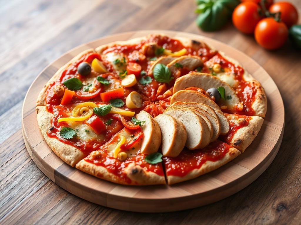 High-protein chicken pizza crust topped with vegetables, cheese, and sliced chicken