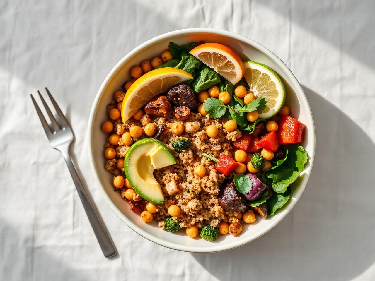 A vibrant Mediterranean grain bowl with quinoa, chickpeas, roasted vegetables and avocado