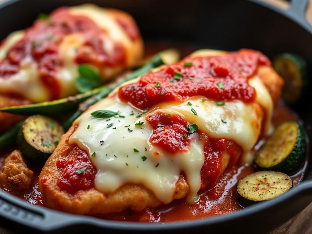 One pan chicken parmesan topped with marinara and melted cheese served with roasted zucchini