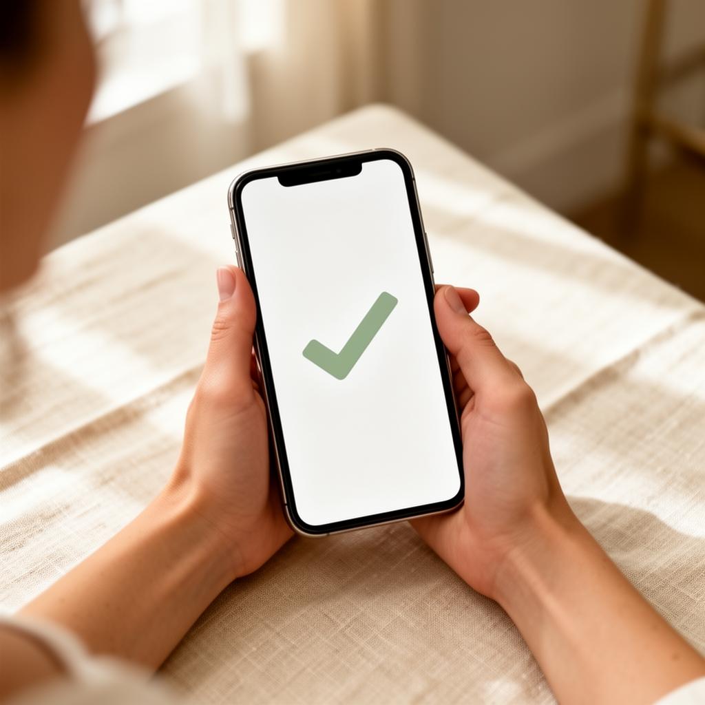 A woman holding her phone showing a gentle approval checkmark