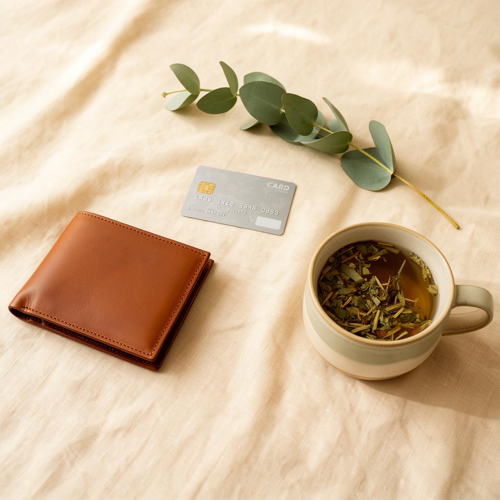 A wallet, a single card, eucalyptus, and herbal tea on cream linen