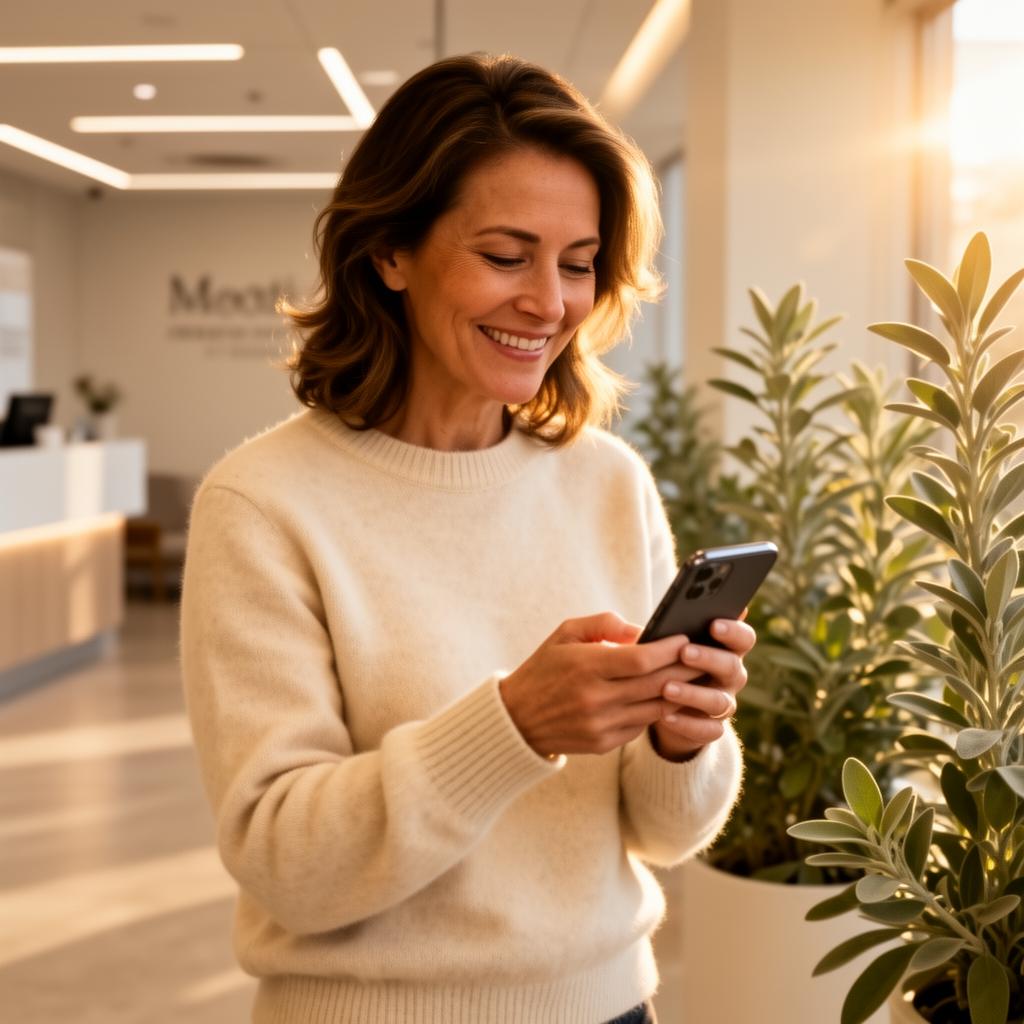 A woman smiling as she applies for her payment plan on her phone