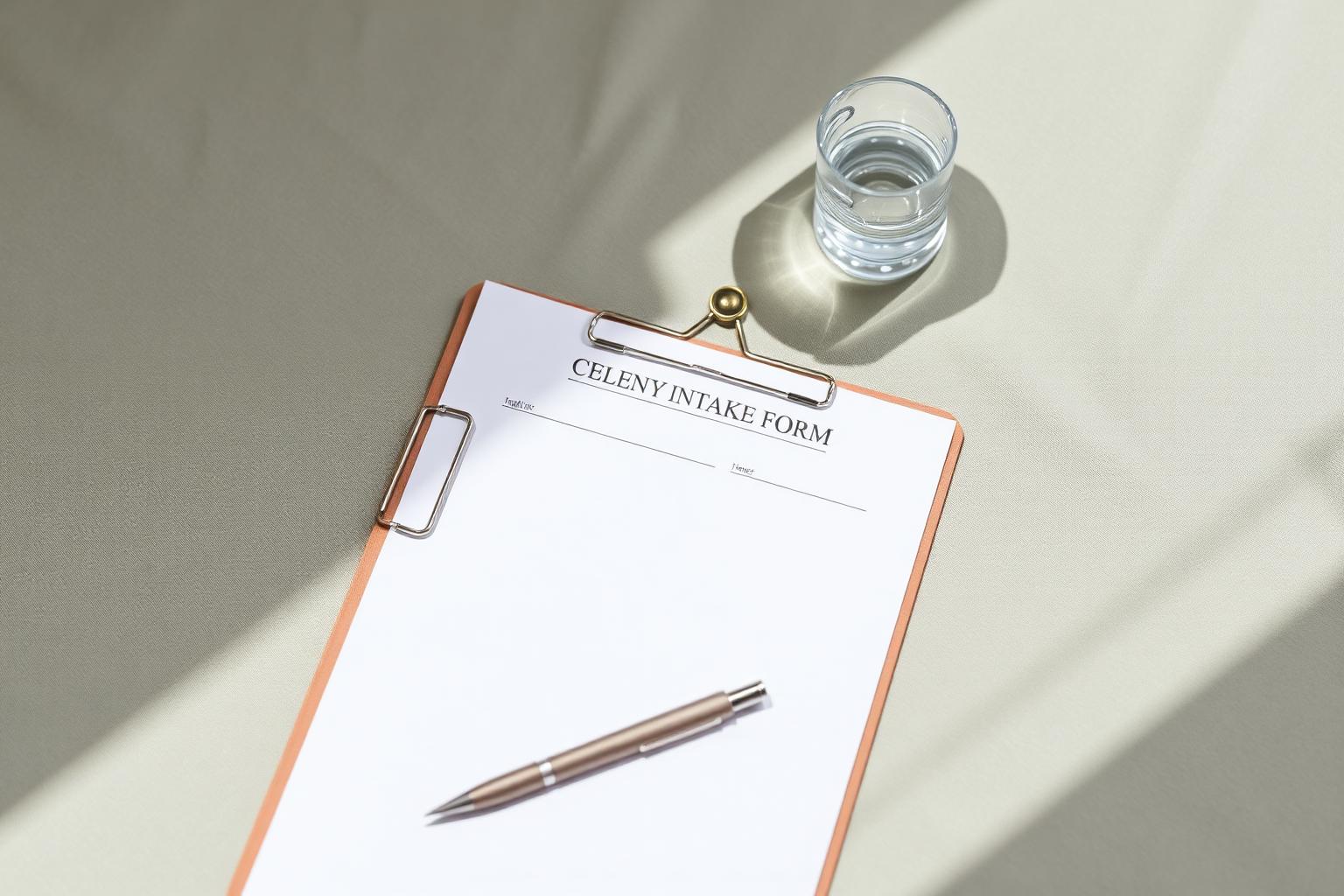 Wellness intake clipboard with pen and glass of water on a sage linen surface