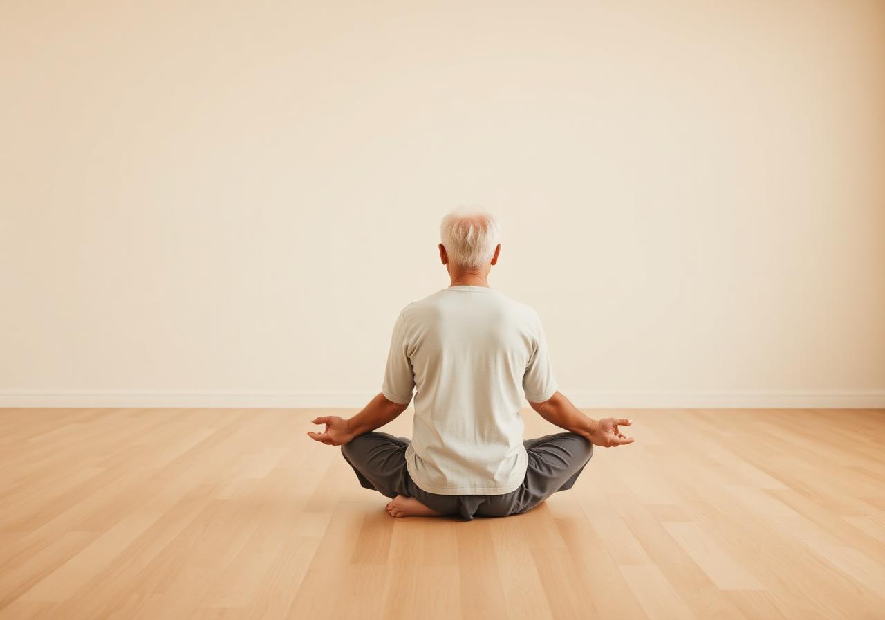Mature adult sitting cross-legged on a wooden floor in a sunlit studio, demonstrating mobility and longevity