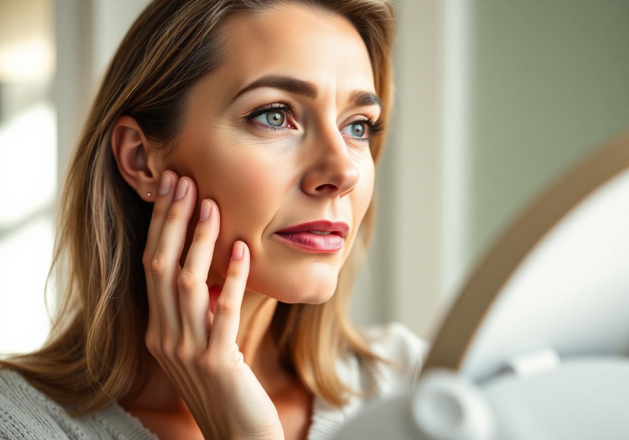 Woman gently touching her cheek in soft natural light, examining facial volume changes