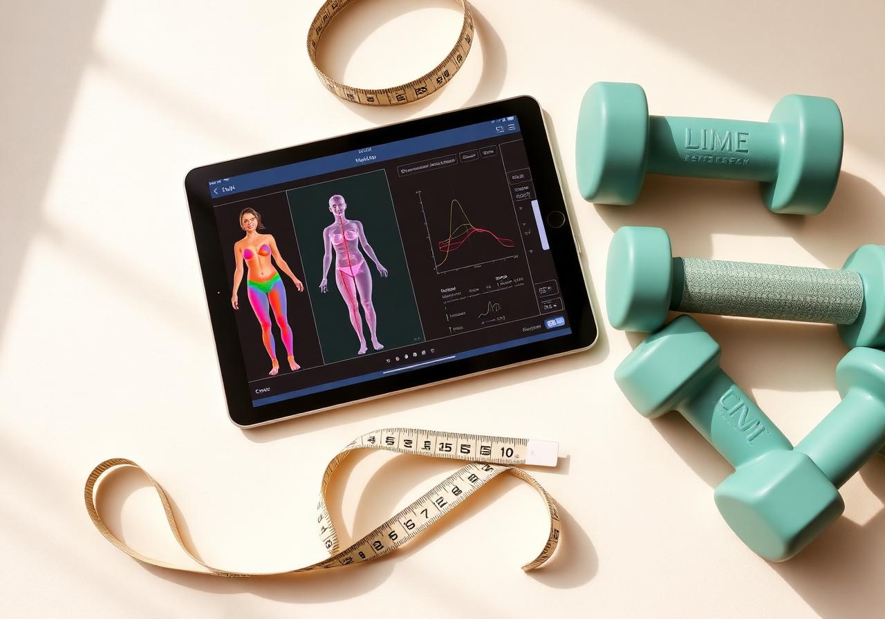 Tablet showing a 3D body composition scan beside a measuring tape and dumbbells on a clean cream surface