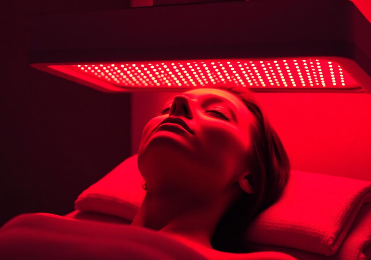 Patient relaxing under a clinical-grade red light therapy panel with deep red glow