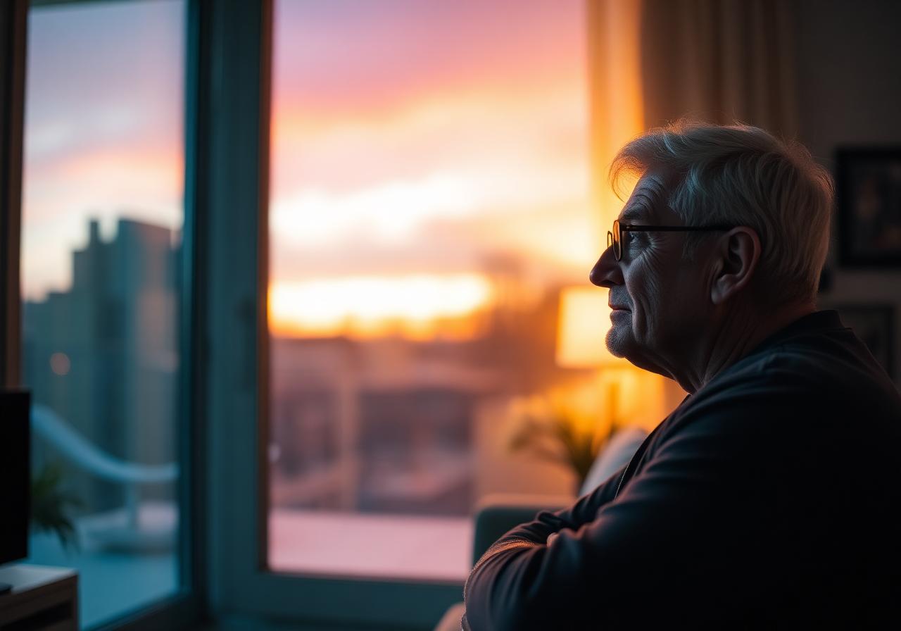 Thoughtful adult looking out a window at dusk, reflecting on lifestyle choices and aging