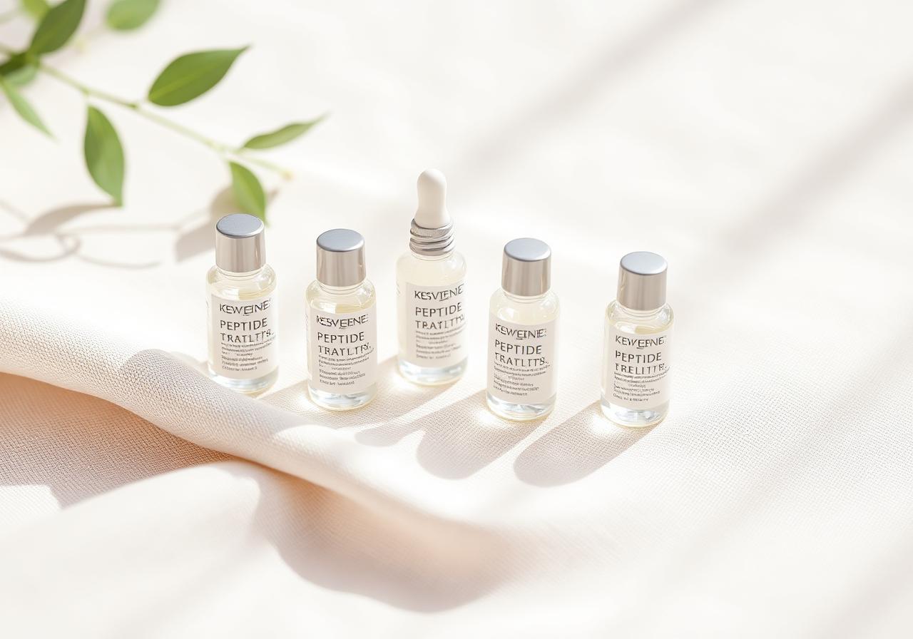Clinical peptide therapy vials arranged on cream linen with soft natural light