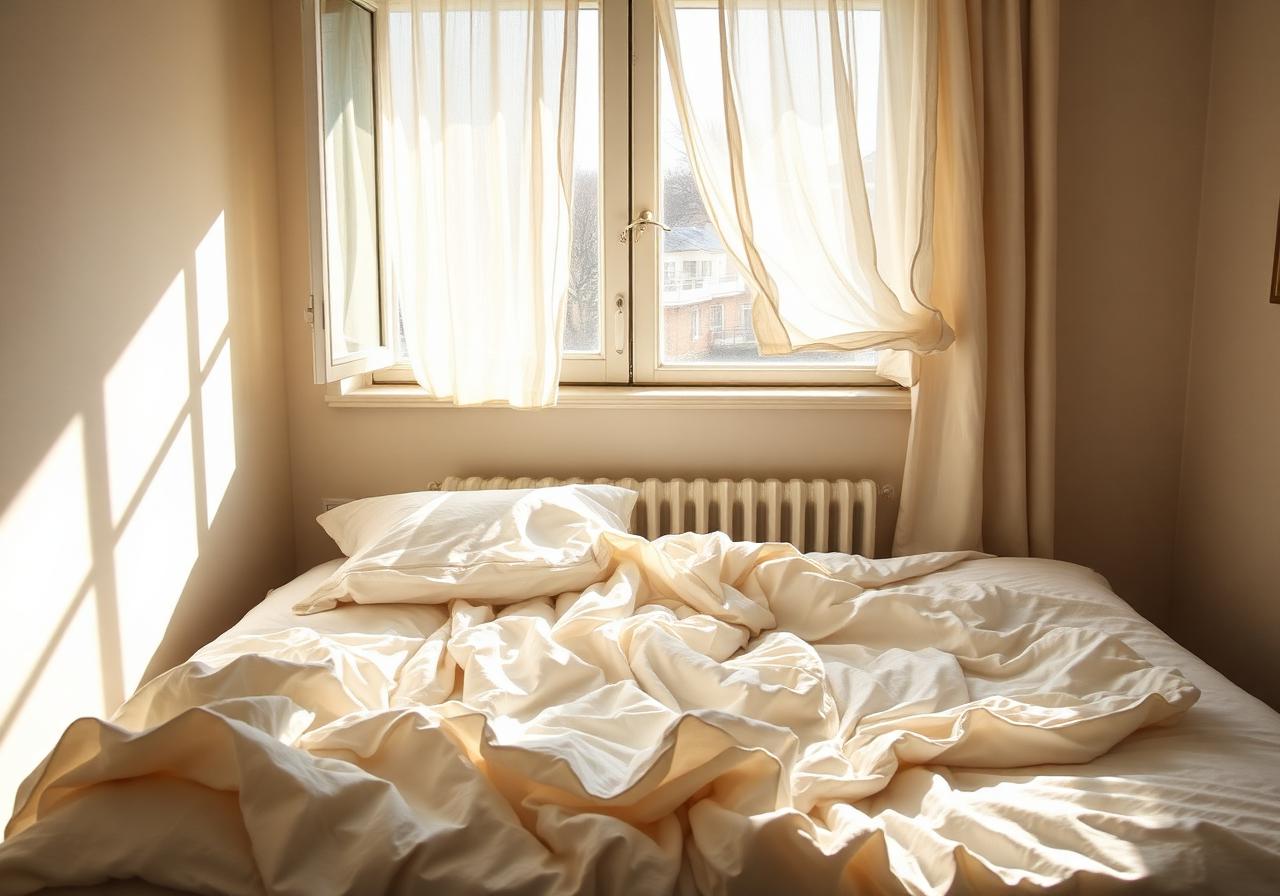 Sunlit bedroom with rumpled linen sheets and an open window on a warm day, conveying disrupted sleep