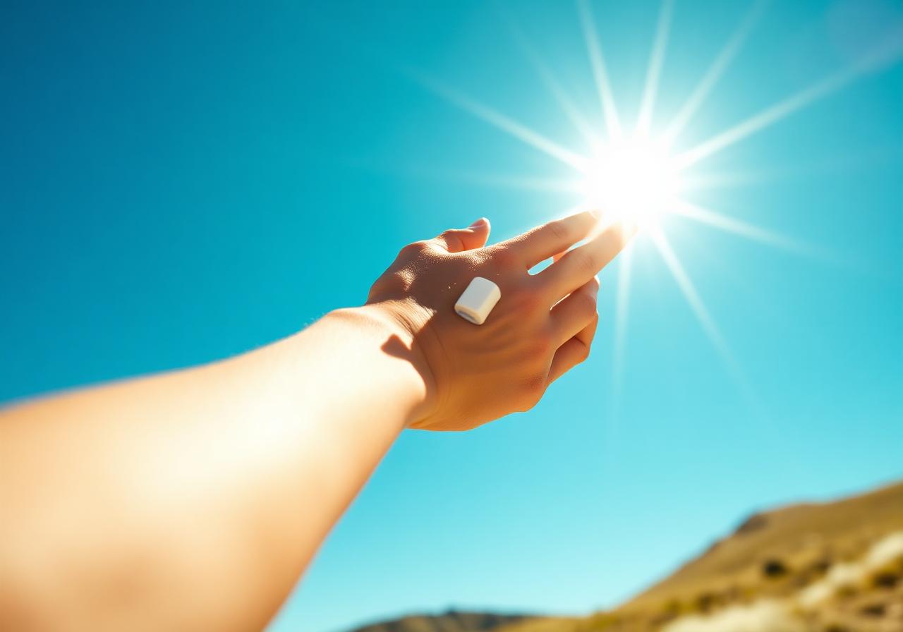 Hand reaching toward intense Colorado sunlight against a clear blue mountain sky