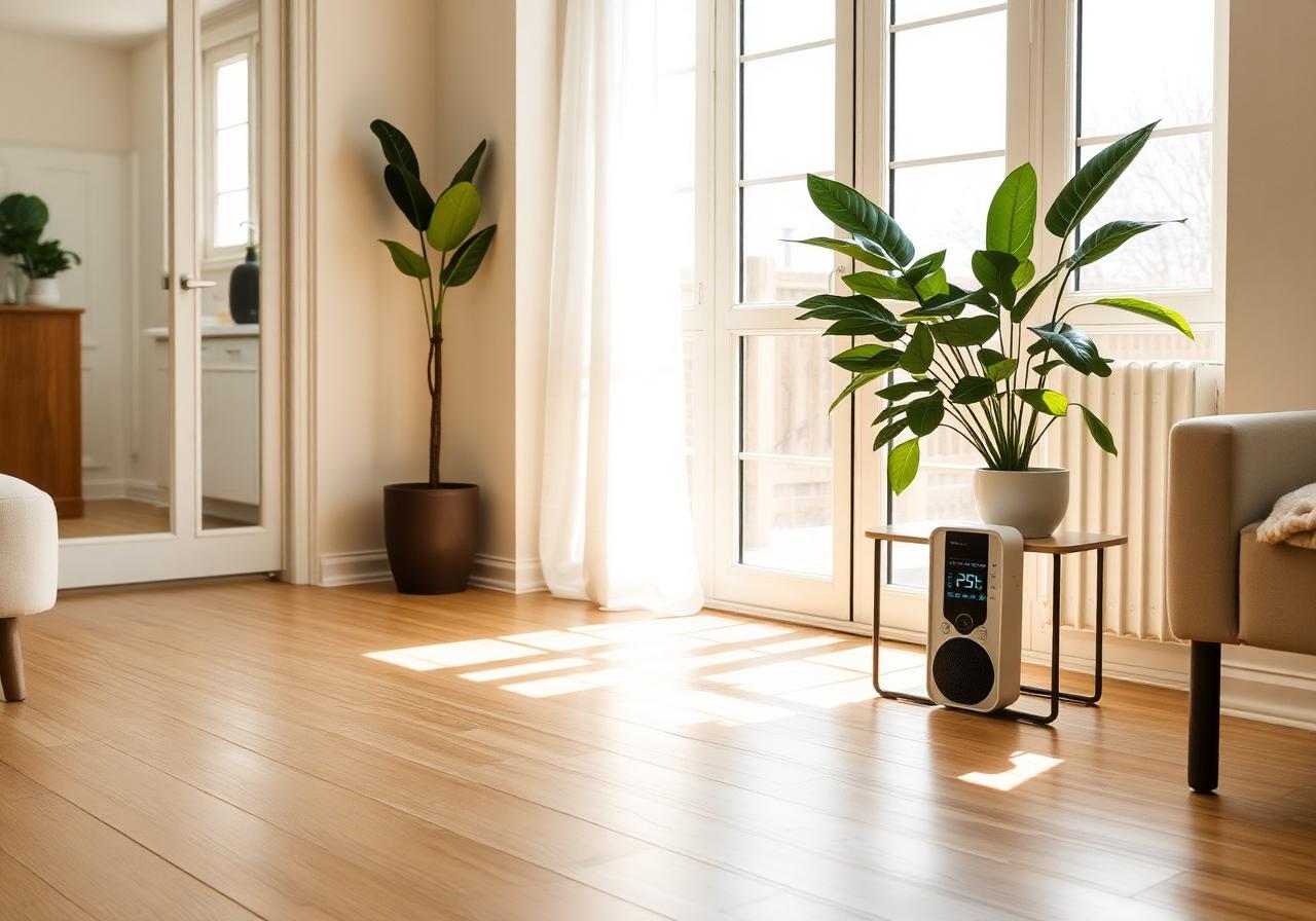 Sunlit modern living room with an air quality monitor on a side table beside a houseplant