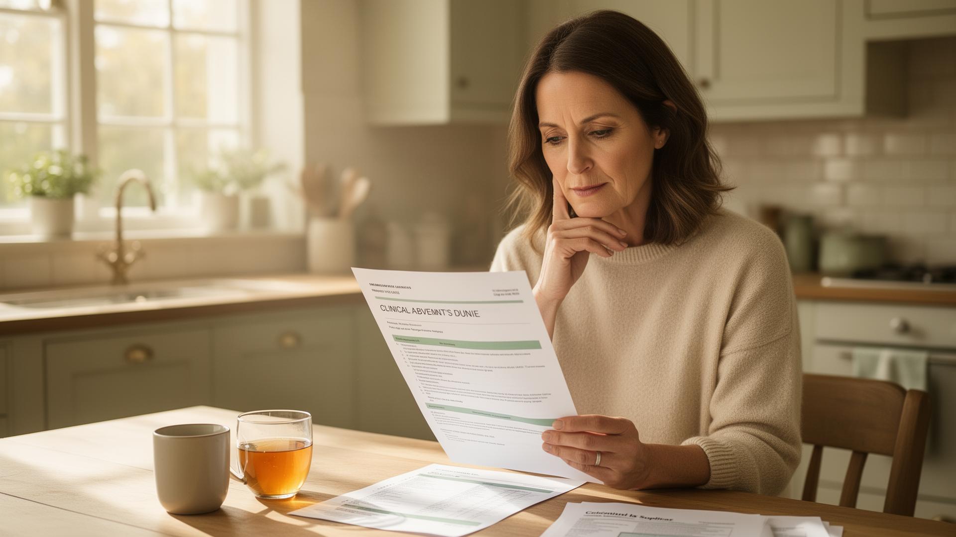Woman in a sunlit kitchen reading an Ascent Clinical Report
