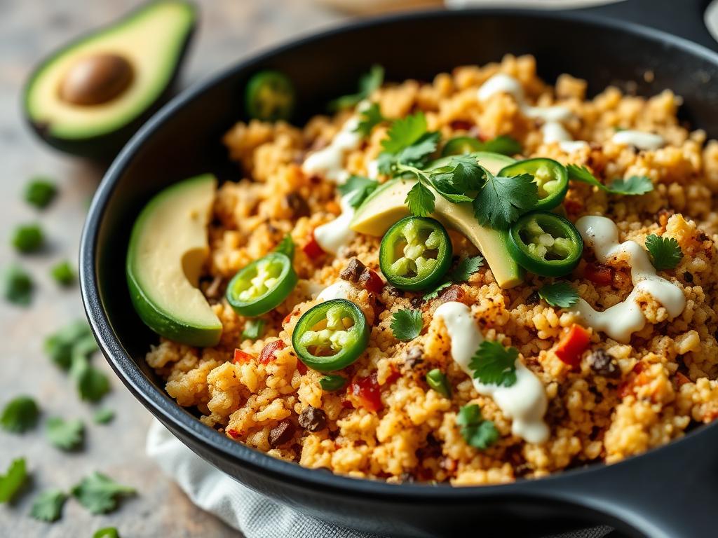 Taco cauliflower rice skillet topped with avocado, jalapeños, and a creamy drizzle