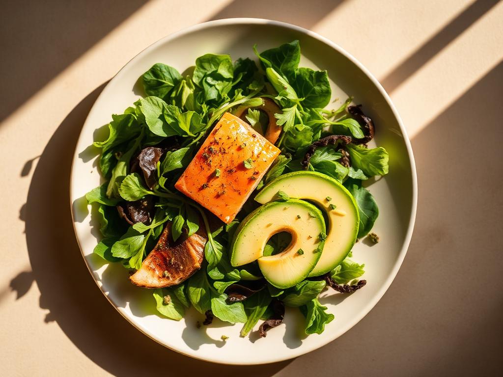 Beautifully plated nutritious meal with greens, salmon and avocado