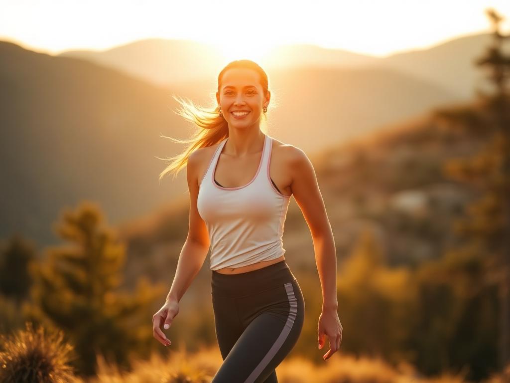 Confident healthy woman walking outdoors at golden hour with mountains behind