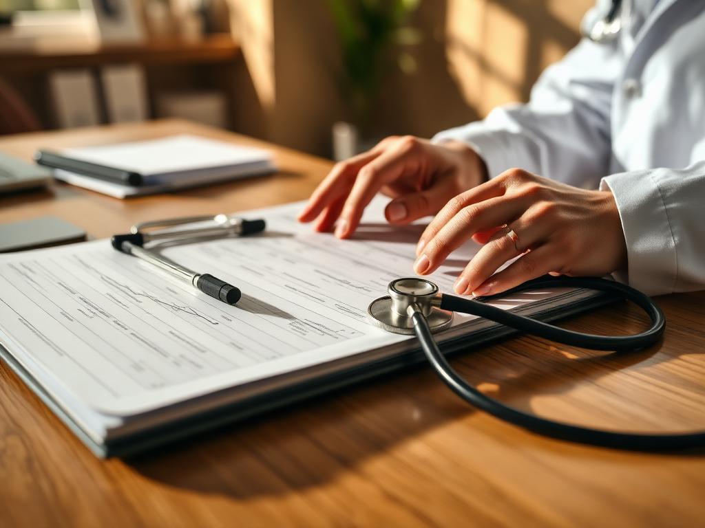 Physician reviewing a patient chart with a stethoscope on a warm wood desk