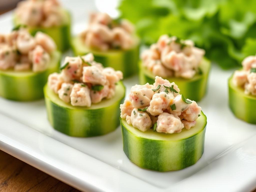 Tuna cucumber party bites stacked and skewered with toothpicks