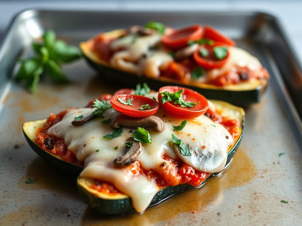 Zucchini pizza boats topped with cheese, pepperoni, mushrooms, and herbs